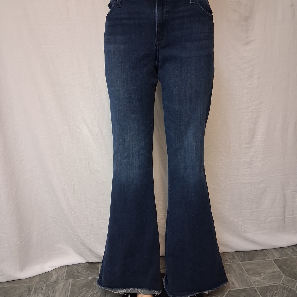 Express Dark Blue Flare Jeans Size L Flare Mio Rise Ultra Hyper Stretch - Picture 2 of 16